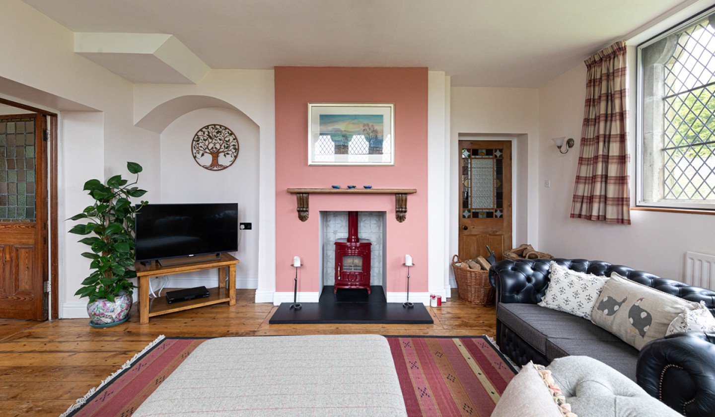 Lounge with pink accent wall and wood burner